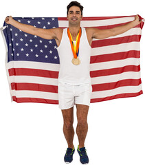 Athlete posing with gold medals after victory