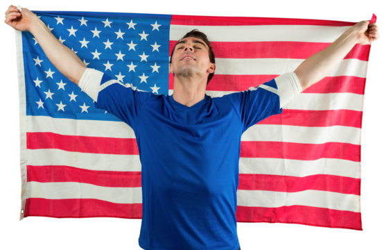American soccer fan holding flag - Powered by Adobe