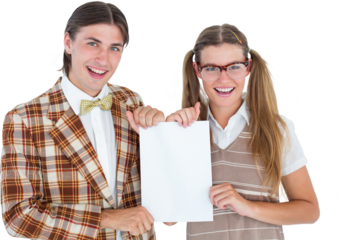 Geeky hipsters holding a poster 