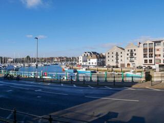 Boats in the old town of Weymouth Harbour and Weymouth Marina in Dorset, England, UK