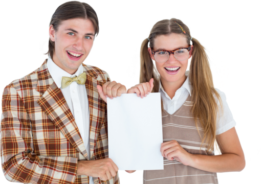 Geeky hipsters holding a poster 