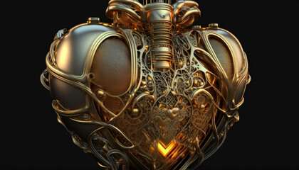 Platinam and gold steampunk human heart.Generative AI.