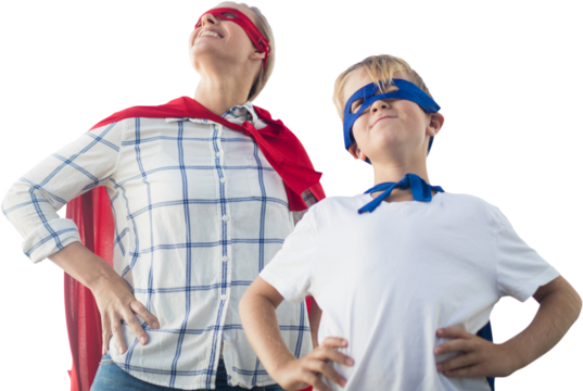 Mother and son pretending to be superhero