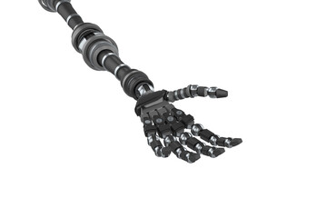 Black robot hand against white screen 