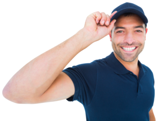 Smiling delivery man wearing cap on white background