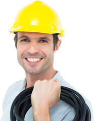 Electrician carrying wires over white background