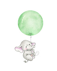 Cute elephant flying on green balloon - 587469485