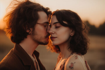 Attractive couple leaning in for a kiss, bathed by a shining sun. Young couple (man and woman) going for a kiss in sunset. Girl has some nose piercings. High quality generative ai