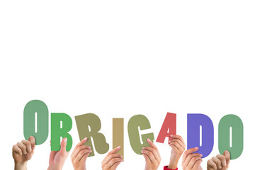 Colorful alphabet spelling thank you in Portuguese held up by people 