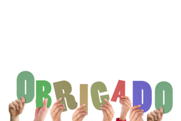 Colorful alphabet spelling thank you in Portuguese held up by people