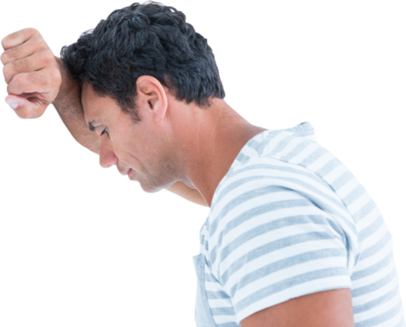 Upset man leaning on white background