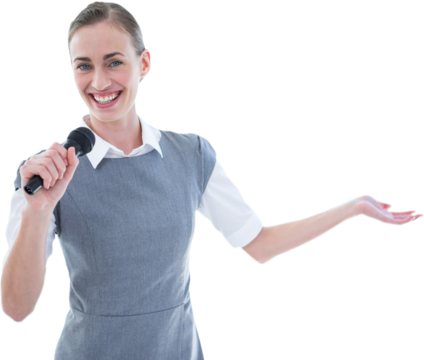 Confident businesswoman speaking into microphone