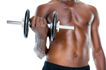 Mid section of fit shirtless man holding dumbbell