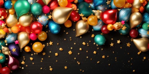 Festive balloons of different sizes on a bblack background. Holiday concept. AI generated