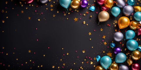 Festive balloons in the form of a frame on a black background, a space for text. Holiday concept. AI generated