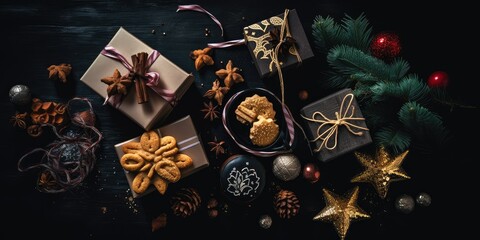 New Year gift boxes on a black background, New Year decorations. The concept of New Year and Christmas. AI generated