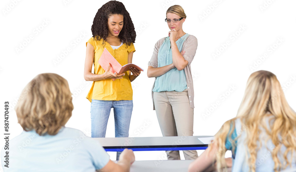 Poster student explaining notes besides teacher in class
