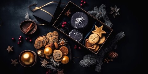 Fototapeta na wymiar Christmas gift box with cookies on a black background, Christmas decorations. The concept of New Year and Christmas. AI generated