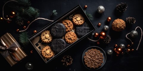 Christmas gift box with cookies on a black background, Christmas decorations. The concept of New Year and Christmas. AI generated