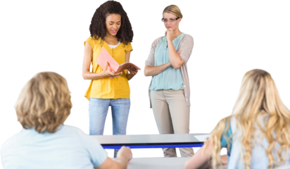 Student explaining notes besides teacher in class