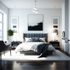 Super clean staged modern bedroom ai generative illustration
