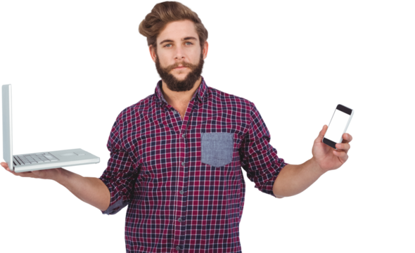 Portrait of serious hipster with smartphone and laptop