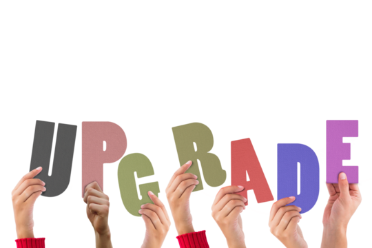 Colorful alphabet spelling upgrade held up by people  - Powered by Adobe