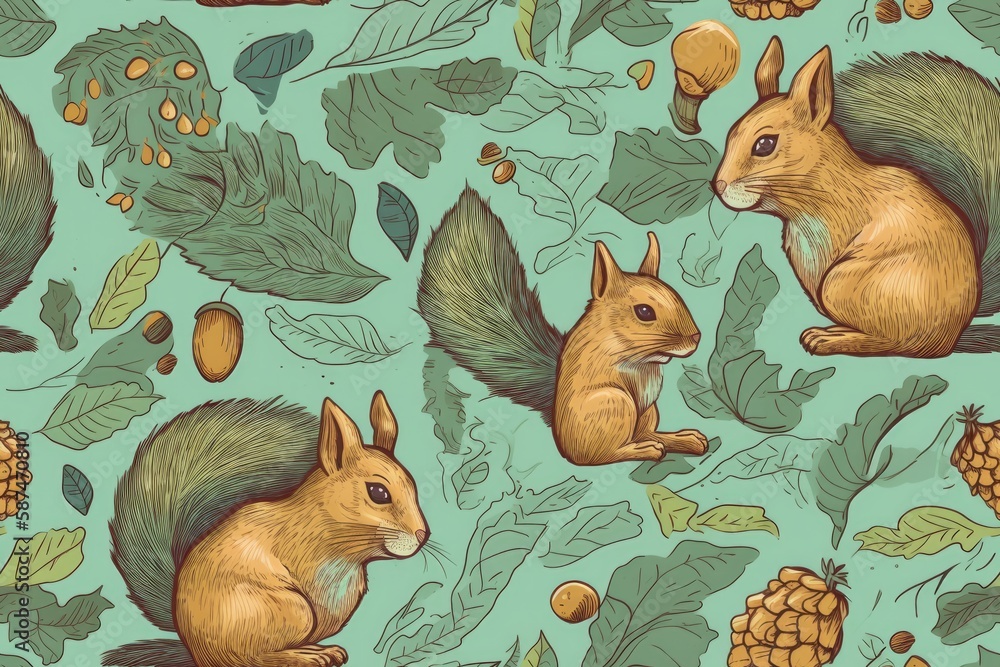 Poster repeating pattern featuring squirrels and acorns on a blue background. generative ai