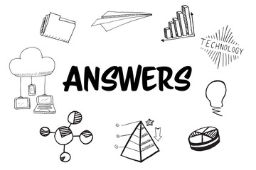 Answers text surrounded by various web icons