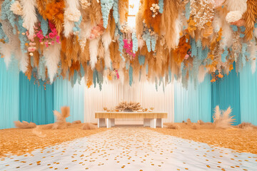 Wedding or birthday hall in boho decor with pampas and floral arrangements. White room surrounded by pastel cyan pampas and floral arrangements. Generative AI