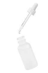 White cosmetic glass jar. Pipette with dripping outflowing liquid into a jar. Isolated on white background. Hyaluronic acid. Serum for the face. Hydration.