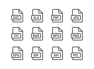 File type icon set on light background. Document formats symbol. Folder, web, file. Outline style. Flat design. Vector illustration