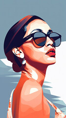 Fashion portrait of a model girl with sunglasses. Retro trendy colors poster or flyer. Flat design. Generative AI