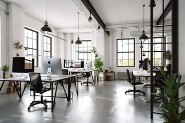 Spacious white open-plan office with an industrial style, featuring minimalist design elements and modern furnishings. generative ai