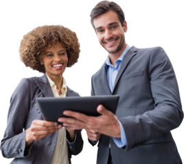 Business people standing with a tablet