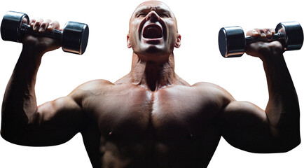 Plakat Aggressive bodybuilder lifting bumbbells