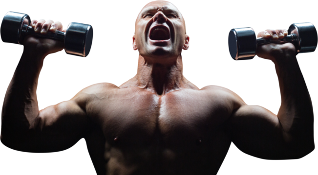 Aggressive bodybuilder lifting bumbbells - Powered by Adobe