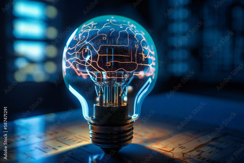 Poster ight bulb with a brain data graphic, representing the intersection of creativity and artificial inte