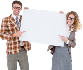 Geeky hipster couple holding poster