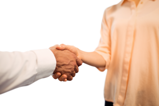 Mid section of businesswoman holding man hand