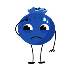 Emotion sadness, disappointment, brooding. Cute vector blueberry with emotion. Fruity smiley face. Lively fruit. Vector cartoon illustration. White isolated background. 