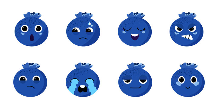 Vector set of cute blueberry character. Set of smiley faces, live berries. Blueberries with different emotions, surprised, crying, happy, cold, sad, pensive. Stylish set of funny berries. 