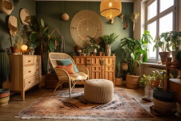 Vertical image of exquisite and serene living room with warm boho interior design, wicker armchair, fresh green plants in flower pots against decor filled commode. Generative AI