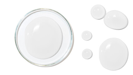 Petri dish. large drops of transparent gel or serum or water, on a white background, top view,...