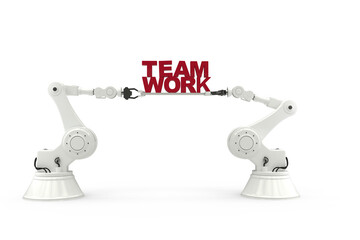 Digitally composite image of robotic hand holding red team work text