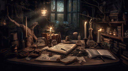 Obraz na płótnie Canvas A wizard's room with books on the table. Interior of the room. AI generated