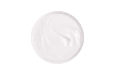Cream of white color in a jar on an isolated white background. View from above