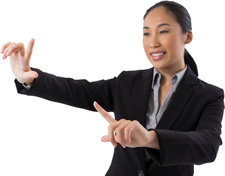 Businesswoman pressing an invisible virtual screen
