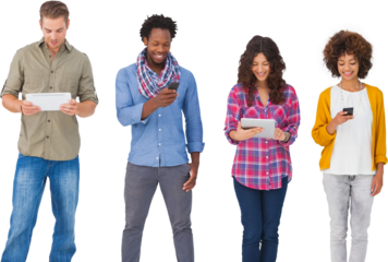 Fashionable friends standing in a row using media devices