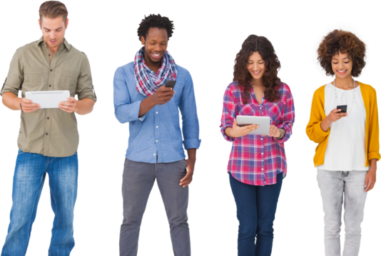 Fashionable friends standing in a row using media devices